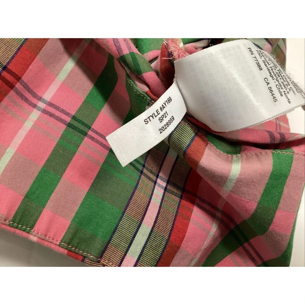 j crew tie waist poplin shirt dress sz 6 stretch cotton pink/green plaid